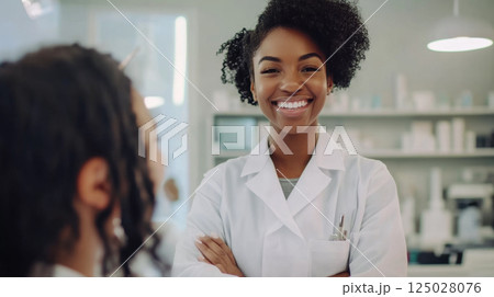 Dermatologist and Happy Client in Skincare Clinic Banner 125028076