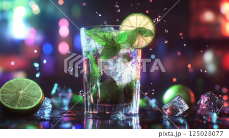 Refreshing Lime and Mint Cocktail with Ice and Splash Effects 125028077