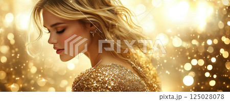 Elegant woman in sparkling dress with bokeh lights background 125028078