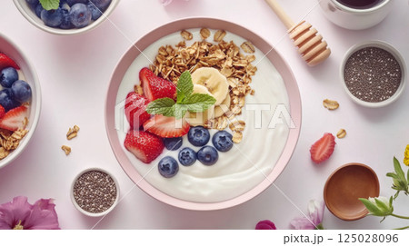 Fresh Yogurt Bowl with Fruits and Chia Seeds 125028096