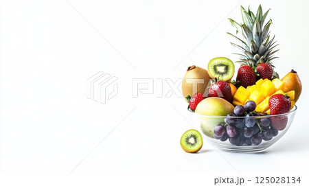 Glass bowl filled with assorted fresh fruits including kiwi, strawberries, grapes, pineapple and mango, vibrant colors and glossy textures, isolated on white background, concept of healthy food 125028134