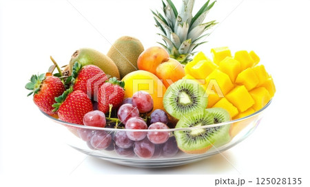 Glass bowl filled with assorted fresh fruits including kiwi, strawberries, grapes, pineapple and mango, vibrant colors and glossy textures, isolated on white background, concept of healthy food 125028135
