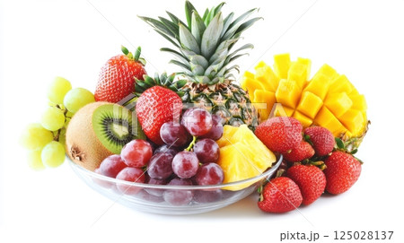 Glass bowl filled with assorted fresh fruits including kiwi, strawberries, grapes, pineapple and mango, vibrant colors and glossy textures, isolated on white background, concept of healthy food 125028137