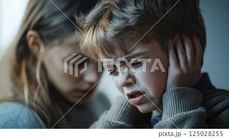 Family conflict.  little boy close her ear while angry mother yelling about her stubborn 125028255