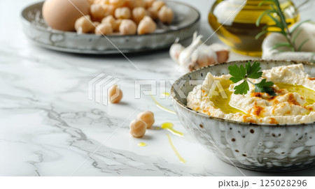 Traditional hummus with olive oil, parsley, and chickpeas. 125028296