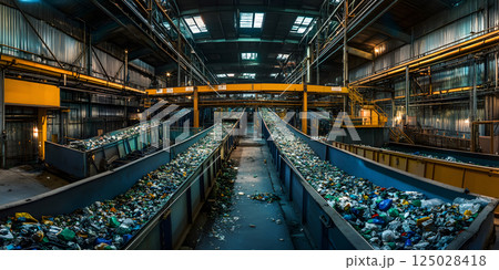 Plastic waste sorting at recycling plant 125028418