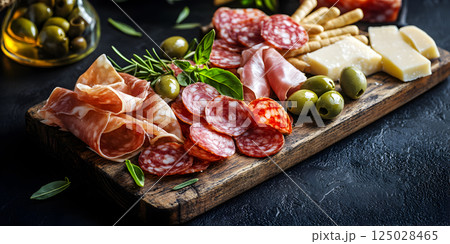 Italian antipasto platter with salami, cheese and olives 125028465