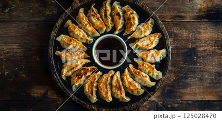 Pan-fried dumplings with soy dipping sauce 125028470