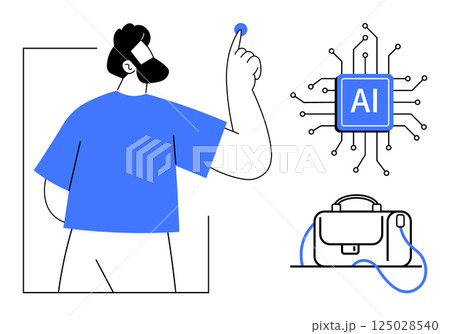 A person pointing towards an AI chip symbolizing advanced technology, accompanied by a connected bag. Ideal for technology, AI, innovation, smart devices, connectivity, future tech, education. Line 125028540