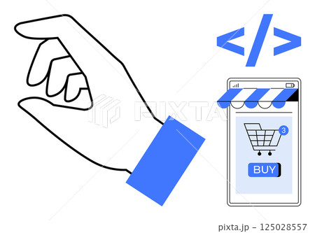 Depiction of a hand gesture and a smartphone shopping cart. Ideal for e-commerce, web development, online shopping, technology, and user interface design. Minimalist vector style Depiction of a hand gesture and a smartphone shopping cart. Ideal for e-commerce, web development, online shopping, technology, and user interface design. Minimalist vector style 125028557