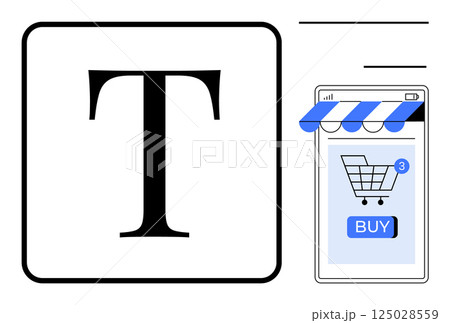 Large letter T on a white background with black border, and online shopping cart on smartphone. Ideal for ecommerce, digital marketing, mobile apps, online stores, retail industry. Simple modern Large letter T on a white background with black border, and online shopping cart on smartphone. Ideal for ecommerce, digital marketing, mobile apps, online stores, retail industry. Simple modern 125028559