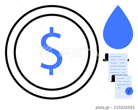 A blue dollar sign within a circle, a blue water droplet, and two documents with checkmarks. Ideal for finance, water conservation, bill payments, environmental awareness, and investment themes 125028583
