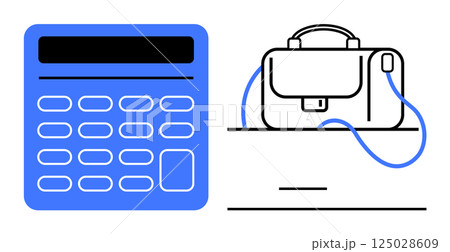 Calculator with blue and black buttons beside a briefcase on a minimalistic surface. Ideal for finance, accounting, business administration, office work, productivity tools, financial planning 125028609