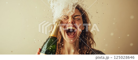 Woman Celebrating with Champagne Spray Woman Celebrating with Champagne Spray 125028646