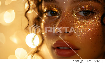Close-Up of Woman with Golden Glitter Makeup and Curls 125028652