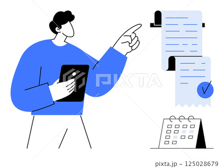 A person points at a clipboard while holding a tablet, with a calendar nearby. Ideal for business management, organization, scheduling, productivity, documentation. Minimalist modern style A person points at a clipboard while holding a tablet, with a calendar nearby. Ideal for business management, organization, scheduling, productivity, documentation. Minimalist modern style 125028679