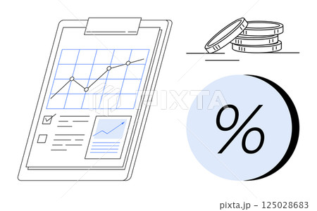 Chart with upward trend on clipboard, stack of coins, and percentage symbol representing financial growth. Ideal for finance, investment, banking, business strategy, economics, savings, market Chart with upward trend on clipboard, stack of coins, and percentage symbol representing financial growth. Ideal for finance, investment, banking, business strategy, economics, savings, market 125028683