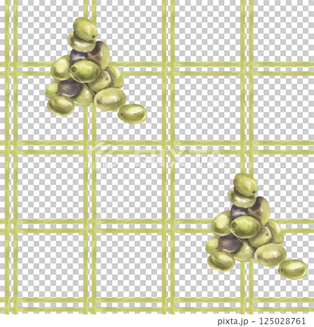 Green checkered seamless pattern with olives bunch watercolor illustration. Hand drawn abstract geometric background with Greek salad ingredient clipart for kitchen and home textile, fabric design Green checkered seamless pattern with olives bunch watercolor illustration. Hand drawn abstract geometric background with Greek salad ingredient clipart for kitchen and home textile, fabric design 125028761