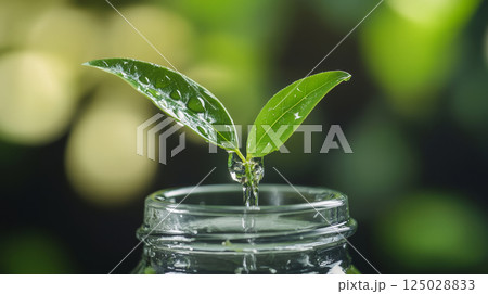 Fresh green leaf with water droplet falling into glass bottle. 125028833