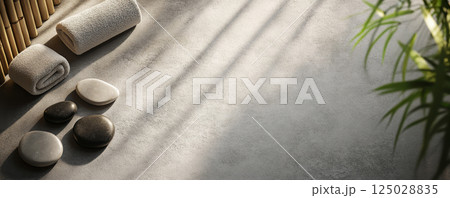 Minimalist spa stones and bamboo accessories on a white surface. 125028835