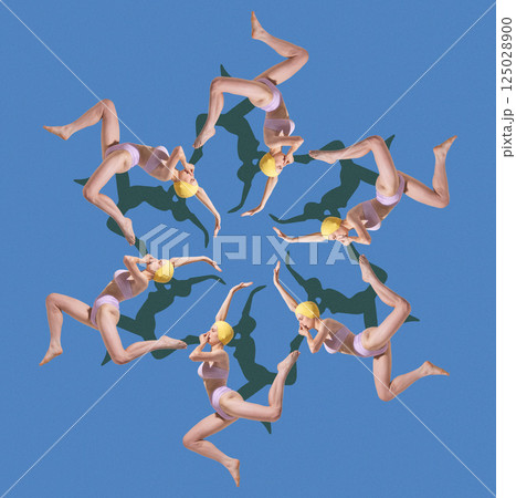 Conceptual artwork. Swimmers in purple suits and yellow caps arranged in circular symmetry to evoke surreal motion illusion. 125028900