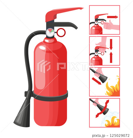 Fire extinguisher instruction. Fire prevention and extinguishing tips. Safety Information, poster or banner for website. Cartoon flat vector illustrations isolated on blue background Fire extinguisher instruction. Fire prevention and extinguishing tips. Safety Information, poster or banner for website. Cartoon flat vector illustrations isolated on blue background 125029072