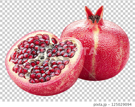 Juicy pomegranate cut in half, revealing vibrant red arils.  A perfect image for healthy food,  nutrition, or abundance concepts. 125029094