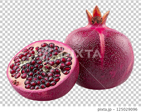 Juicy pomegranate, halved and whole, showcasing vibrant red arils.  A symbol of abundance and health, perfect for food, wellness, or autumn themes.  Ideal for websites, blogs, and magazines. Juicy pomegranate, halved and whole, showcasing vibrant red arils.  A symbol of abundance and health, perfect for food, wellness, or autumn themes.  Ideal for websites, blogs, and magazines. 125029096