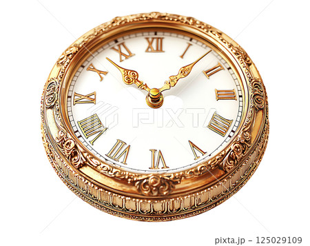 Elegant antique clock face ornate gold frame, Roman numerals, pristine white background.  Perfect for concepts of time, history, luxury, or vintage design. 125029109