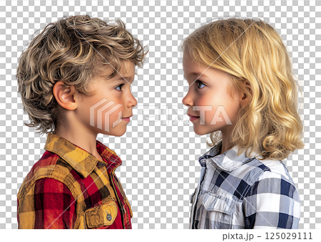 Two adorable children, a boy and a girl, face each other in profile, showcasing their charming expressions and stylish plaid shirts. 125029111