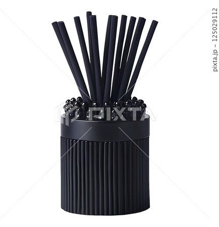 Sophisticated black reed diffuser, minimalist design.  Elegant cylindrical container with ribbed texture holds black reeds, creating a stylish home fragrance display. 125029112