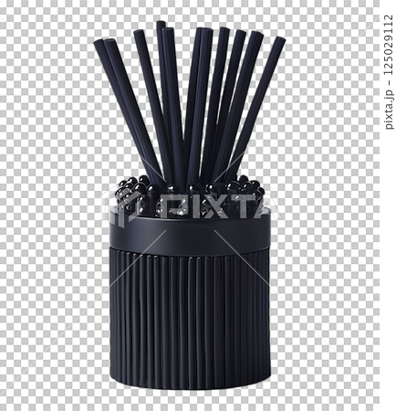 Sophisticated black reed diffuser, minimalist design.  Elegant cylindrical container with ribbed texture holds black reeds, creating a stylish home fragrance display. 125029112