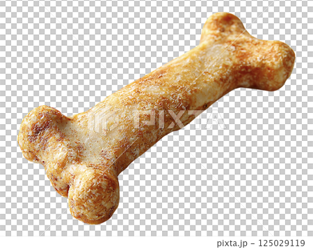 Closeup of a single, deliciouslooking dog biscuit shaped like a bone.  Perfect for pet food packaging, veterinary websites, or blog posts about pet care.  The texture and color suggest a tasty treat. 125029119