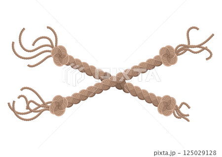 Hanging rope with tassel and node. Knitted nautical thread or marine vertical fiber. Textile tassel hang at rope isolated on white background. Vector illustration 125029128