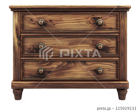 Elegant threedrawer wooden chest, showcasing rich wood grain and classic design.  Perfect for home decor, interior design projects, or representing themes of storage, organization, and heritage. 125029131