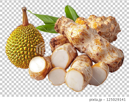 Exotic tropical fruits  roots. Vibrant durian  unusual root vegetables create a striking still life, perfect for culinary, health, or exotic travel themes. 125029141
