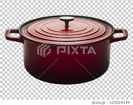 A rich red enameled cast iron pot, complete with lid, sits on a minimalist white background.  Its classic design evokes warmth, comfort, and culinary creativity. 125029144