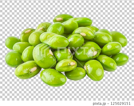 Vibrant green edamame beans, freshly harvested, glistening with dew.  A healthy, nutritious image perfect for illustrating wellness, vegetarianism, or culinary themes. 125029151