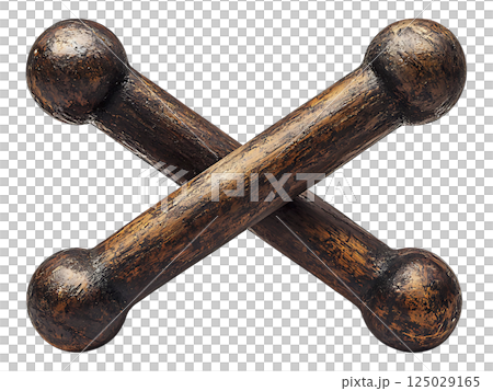 Rustic wooden boneshaped objects, crossed in an X shape, evoke a sense of age and possible symbolism. 125029165