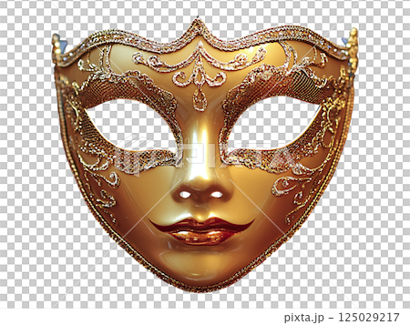 Elegant gold Venetian mask, intricately detailed with sparkling accents. A symbol of mystery, disguise, and celebration, perfect for Mardi Gras, theater, or fantasy concepts. Elegant gold Venetian mask, intricately detailed with sparkling accents. A symbol of mystery, disguise, and celebration, perfect for Mardi Gras, theater, or fantasy concepts. 125029217