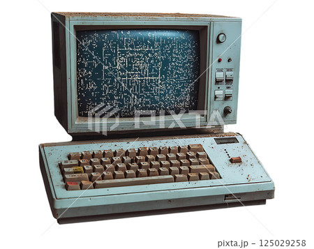 A vintage computer, coated in dust, sits on a worn wooden table in a dimly lit workshop.  The screen displays a nostalgic, pixelated pattern, hinting at forgotten code or data. 125029258