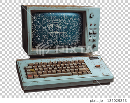 A vintage computer, coated in dust, sits on a worn wooden table in a dimly lit workshop.  The screen displays a nostalgic, pixelated pattern, hinting at forgotten code or data. 125029258