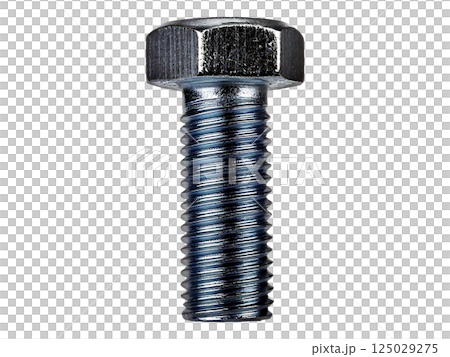 High-resolution close-up of a single hexagon head bolt against a clean white background. 125029275