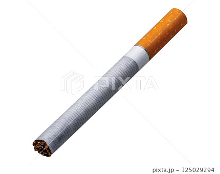 Close-up studio shot of a single cigarette isolated on a white background.  The image is clean, simple, and perfect for illustrating articles on health, addiction, or lifestyle choices. 125029294