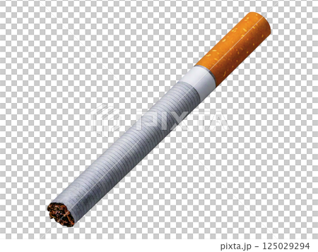 Close-up studio shot of a single cigarette isolated on a white background.  The image is clean, simple, and perfect for illustrating articles on health, addiction, or lifestyle choices. 125029294