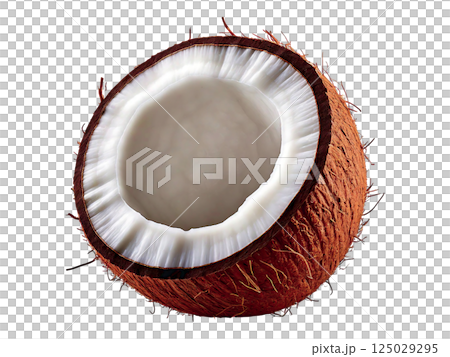 A half coconut, showcasing its creamy white flesh and textured brown husk, is presented against a clean white background. 125029295