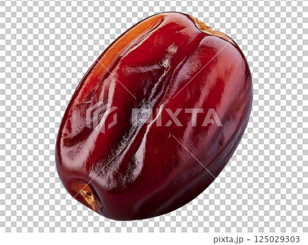 Close-up of a single, rich brown date fruit, isolated on a white background.  Its glossy texture and deep color make it ideal for food blogs, packaging, or health-related content. 125029303