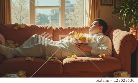 Young obese man relaxing on couch, eating potato chips from bowl and watching TV during day at home 125029530