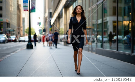 beautiful woman in a dress walking in the city down the streets 125029548