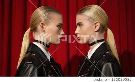 Two identical people fave to face, doppelganger concept, twin, double 125029583